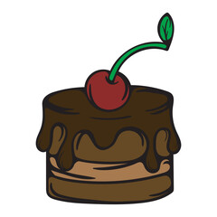 Chocolate cake with icing and cherries. Sweets. Simple vector illustration for sticker, icon, print. Design element isolated on white background