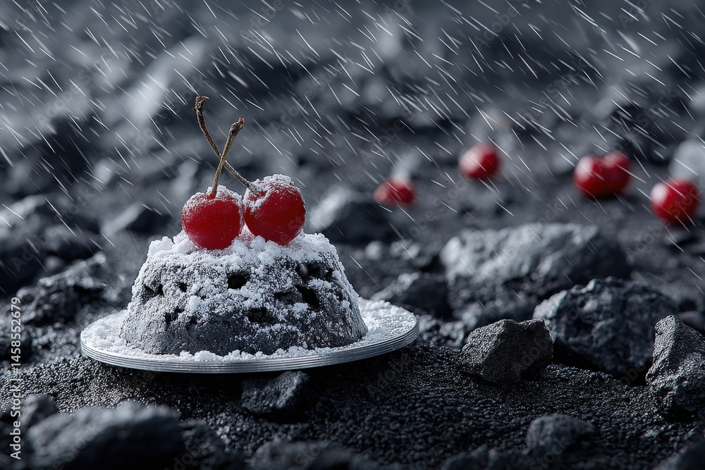 Poster a unique dessert on a textured black surface featuring a dark chocolate cake adorned with bright red