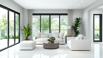 Bright modern living room with green plants, large windows, and elegant white furniture.