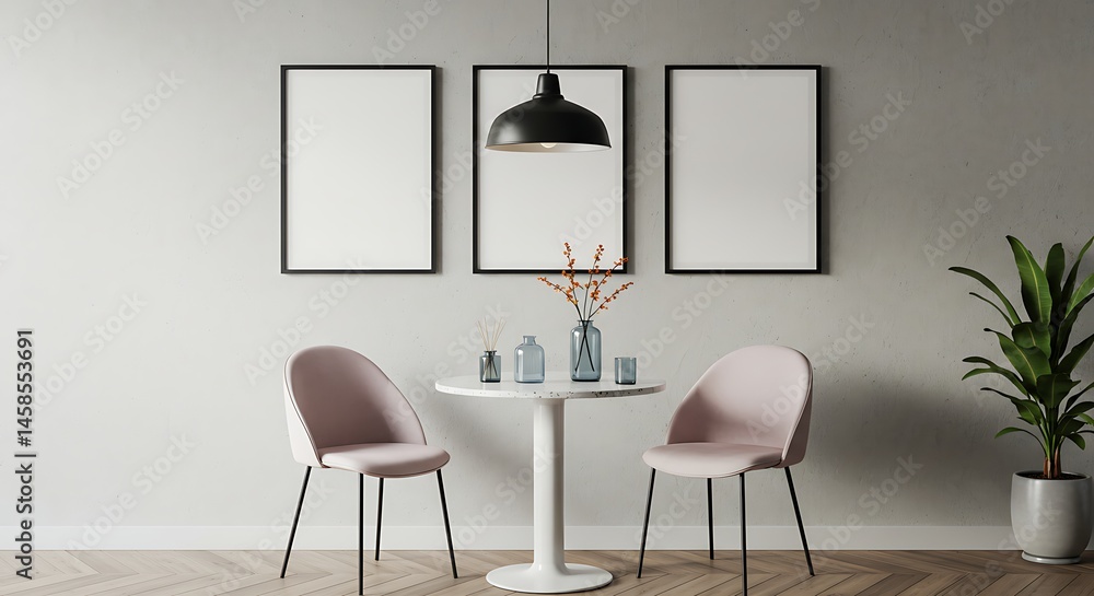 Poster elegant dining space with blank frames for mockups in a minimalist interior setting