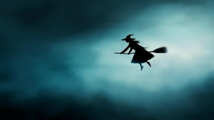 Mystical witch riding a broomstick through a foggy night sky in a mysterious landscape - Powered by Adobe