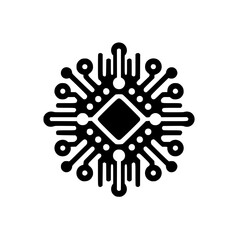 Black and White Circuit Board Icon on White, Digital Technology Concept