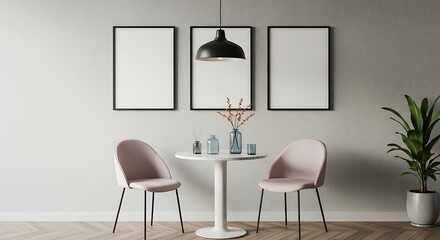 Elegant dining space with blank frames for mockups in a minimalist interior setting