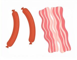 Illustration featuring cooked sausages and bacon strips against a plain white background. It showcases the breakfast-like imagery with detail