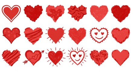 Assortment of Hand-Drawn Red Heart Illustrations on White Background