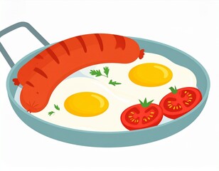 A colorful illustration of a cooked breakfast, featuring sunny-side-up eggs, sausage, and tomatoes in a pan, decorated with green herbs