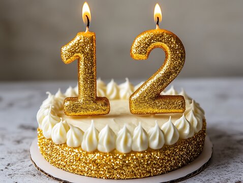 Delicious twelve-year celebration cake with gold glitter