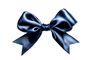 Elegant navy ribbon tied into a bow, luxurious texture, cut out transparent