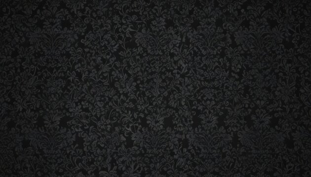 Intricate black damask floral wallpaper; seamless, gothic, vines, dark, elegant, pattern, texture, wallpaper, illustration