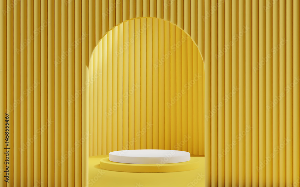 Poster 3d yellow scene background with white podium and arch gate for product presentation. abstract minima