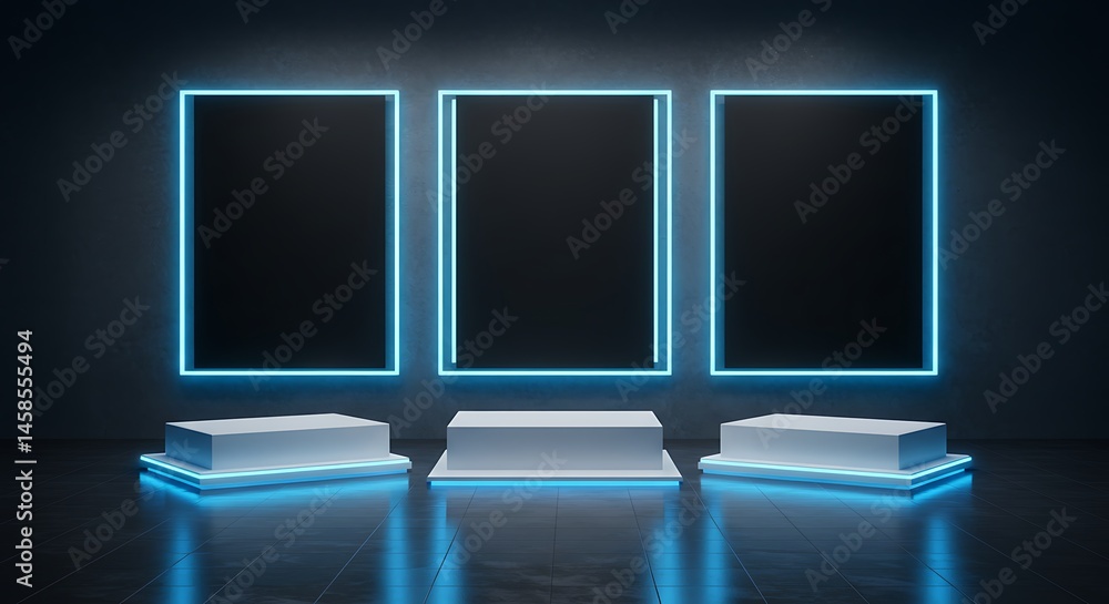 Poster futuristic display arena with luminous frames and elevated platforms