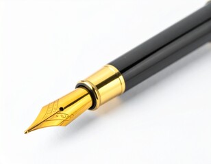Close-up shot of a elegant fountain pen, black body with golden accents, nib details