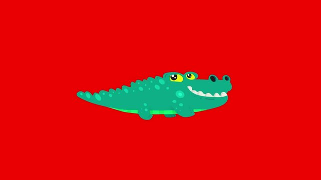 Alligator animation light green crocodile animal redbox isolated. Cartoon animated character on red screen background. Blinking eyes, seamless loop walking.

