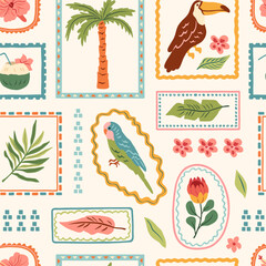 Tropical summer patchwork seamless pattern. Exotic cute background with whimsical frames. Hand drawn palm tree, toucan, flowers, parrot, leaves. Trendy geometric print. Jungle nature boho stickers. 