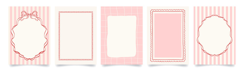 Vintage hand drawn frames with whimsical lines, bows, ribbons. Cute pink red minimalist line art borders. Vector template for poster, banner, wedding invitation, card.