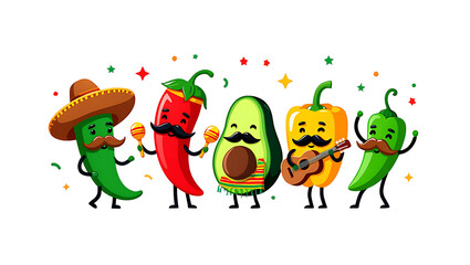 Naklejka premium Funny Mexican cartoon vegetables with mustaches and musical instruments on isolated background