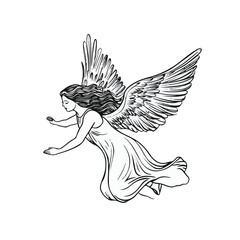 Monochrome Angel Flying With Open Arms Black And White Line Art