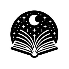 Storytelling Night: Open Book with Moon and Stars Silhouette