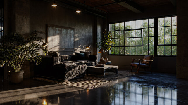 Smart industrial loft living room featuring polished concrete floors and vintage dialect surrounded by natural light.