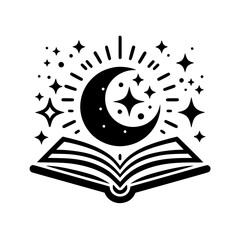 Celestial Magic Book Illustration - Black and White, Minimalist Design