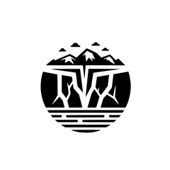 Abstract Mountain Logo: Cracked Earth, Trees, Circle, Monochrome