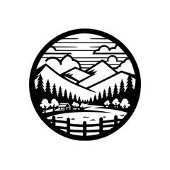 Mountain Landscape Logo in Circle, Black and White Vector Illustration