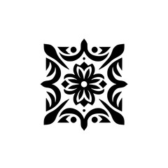 Monochromatic Floral Tile Pattern, Square Design Element, Black and White