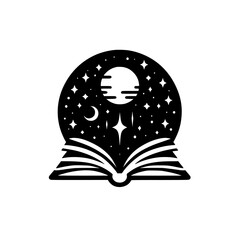 Celestial Storybook Illustration: Moon, Stars, and Open Book Vector