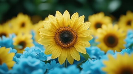 Vibrant sunflowers amidst blue flowers
