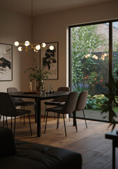 Fototapeta premium An inviting dining room with a modern chandelier, garden view, and stylish chairs.