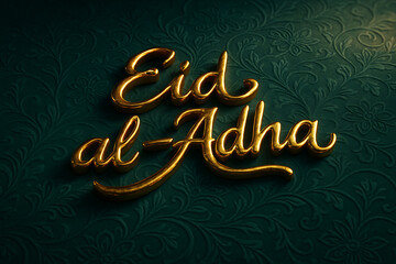 Celebrate eid al adha with golden text on a textured green background