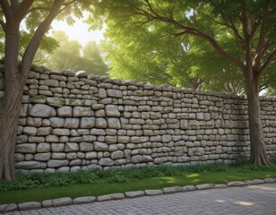 Stone wall park poster mockup, trees background,  leaves,  advertising