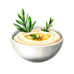 Creamy Hummus in a White Bowl Topped with Fresh Herbs and Olive Oil on a Dark Background