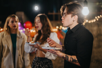 A group of friends savoring food together in a backyard setting, celebrating a birthday with vibrant decorations and a cheerful atmosphere during an evening gathering.