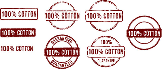 Obraz premium Distressed 100% Percent Cotton Red Rubber Stamp Vector – Grunge Texture, Bold Worn Text, Realistic Smudged Ink and Weathered Edges on transparent Background , 100% Cotton.