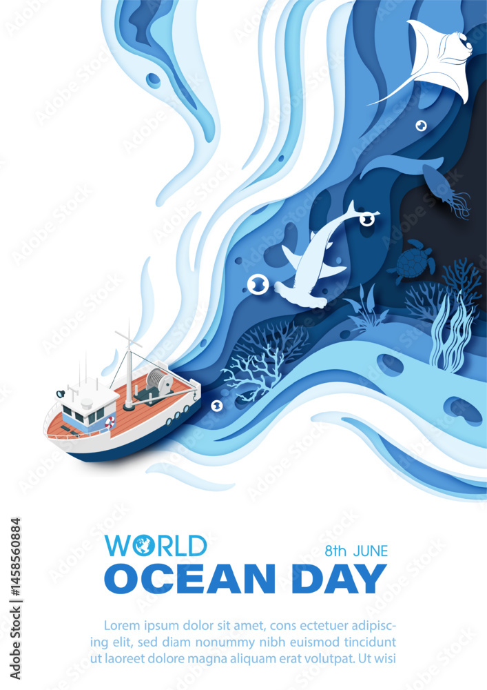 Poster poster illustration campaign of world ocean day with top view image of boat and scene of the sea and