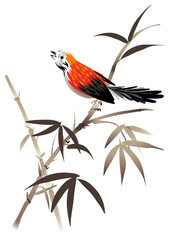 Digital Painting of a sparrow on bamboo branch, Inspired by Chinese Ink Brush-Stroke Style
