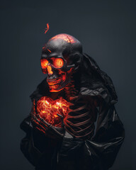 Sad Skeleton with Burning Heart on Dark Background. Concept of Emotional Pain and Passion. Generative AI