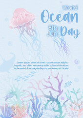 Scene of under the sea and ocean in multicolor watercolors style and vector design with sea animal and example texts on light blue background.