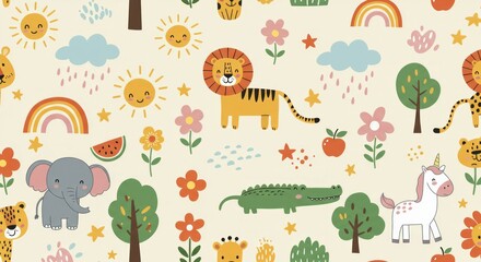 Obraz premium Delightful Jungle Friends Seamless Pattern with Smiling Sun and Rainbow Illustration