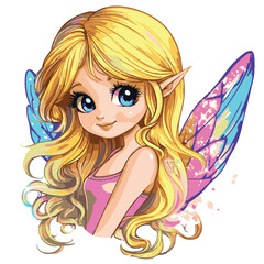Cute Blonde Fairy With Blue Eyes And Colorful Wings Vector Illustration