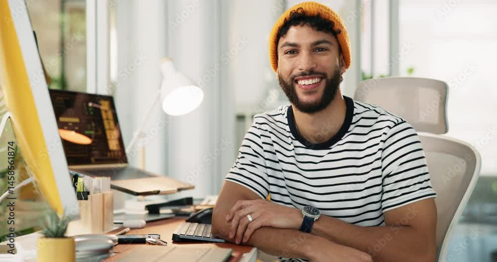 Poster Man, face and computer for remote work from home, review or smile with charts for internet traffic. Person, social media marketing and digital nomad in portrait, results and graphs at house in Mexico