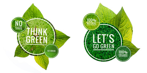 Green logo isolate on white background, environmental concept, Think green and no Plastic logo with natural green leave pattern background