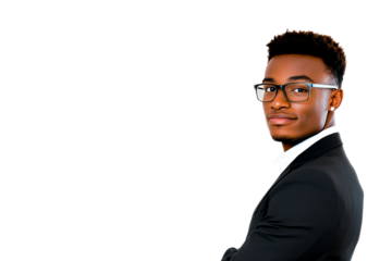 African man wearing glasses, suit coat, and collared shirt, cut out transparent