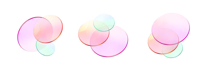 Set 3d glass round shape icon. Transparent circle podium, plate, disk, lens flying. Abstract color crystal element. Pastel gradient platform with glass morphism effect. Vector realistic illustration