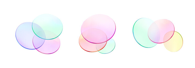 Set 3d glass round shape icon. Transparent circle podium, plate, disk, lens flying. Abstract color crystal element. Pastel gradient platform with glass morphism effect. Vector realistic illustration