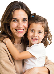 Mother and daughter, smiling together, radiating warmth and affection.