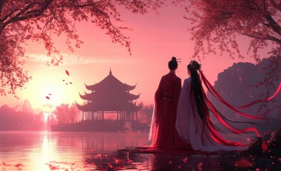 Ancient style at dusk by the lake © 越 逾