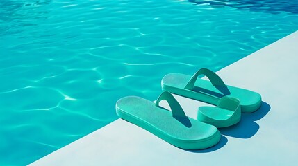 Refreshing turquoise poolside oasis with flip flops, idyllic summer day