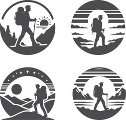 Set of Hiking and Trekking Badge Icons, Featuring Silhouettes of Male Hikers with Backpacks in Mountain and Nature Landscapes